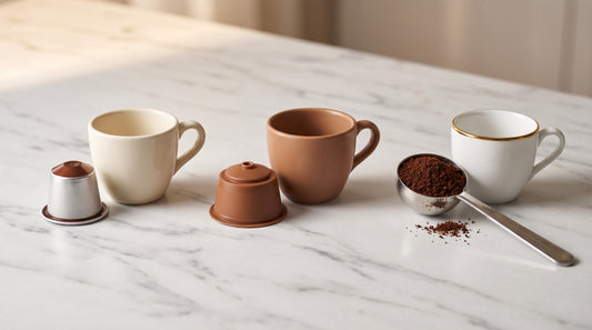 Three coffee methods compared side by side: Nespresso pod, Dolce Gusto capsule, and ground coffee