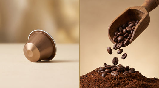 Split comparison of coffee pod versus ground coffee beans with scoop