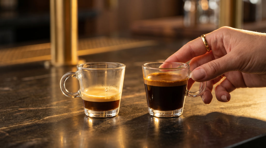 Two espresso shots comparing golden crema versus dark crema showing extraction differences