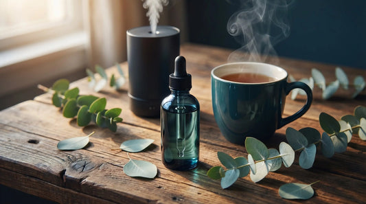Eucalyptus oil bottle with eucalyptus leaves and InstaCuppa aroma diffuser