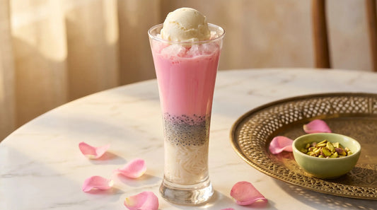Falooda recipe with shaved ice layered in a tall glass with rose syrup, basil seeds, vermicelli, and ice cream