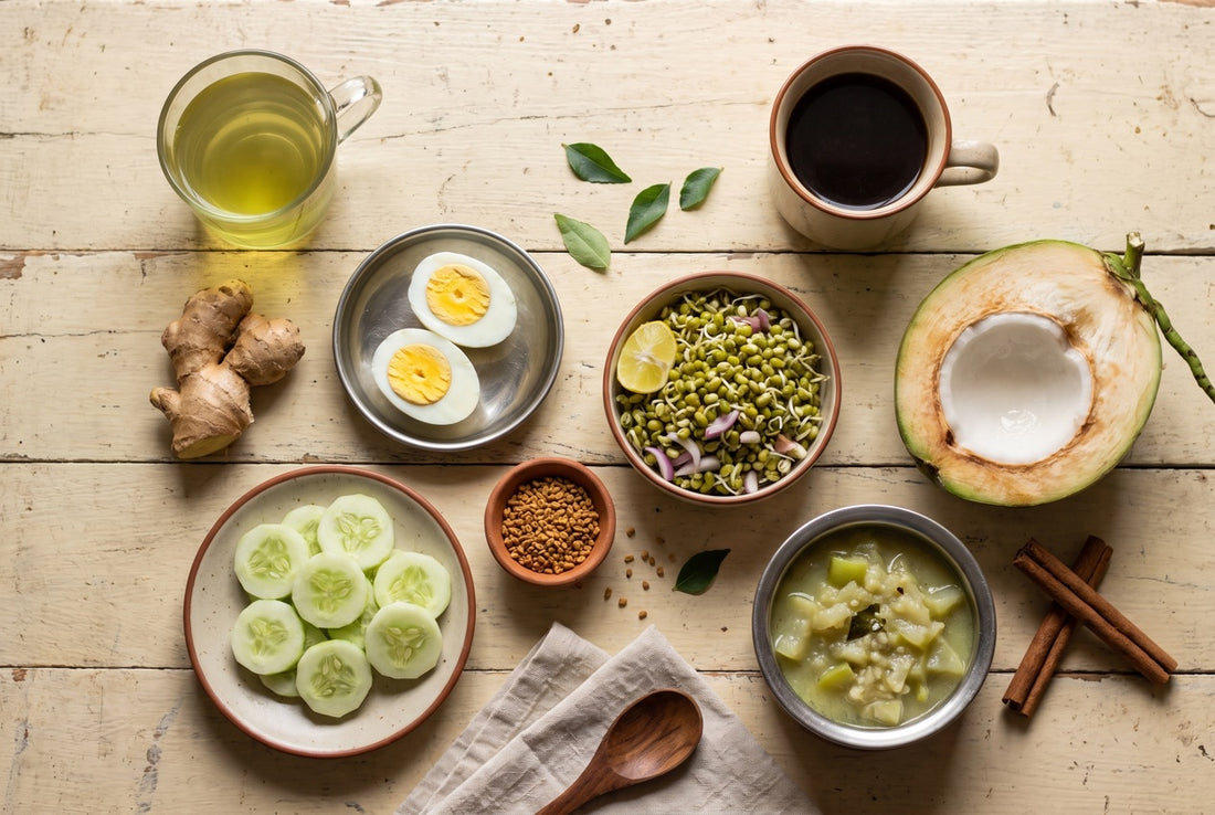InstaCuppa fat burning foods India: green tea, black coffee, ginger, boiled eggs, moong sprouts, methi seeds, cucumber, tender coconut, cinnamon and lauki sabzi