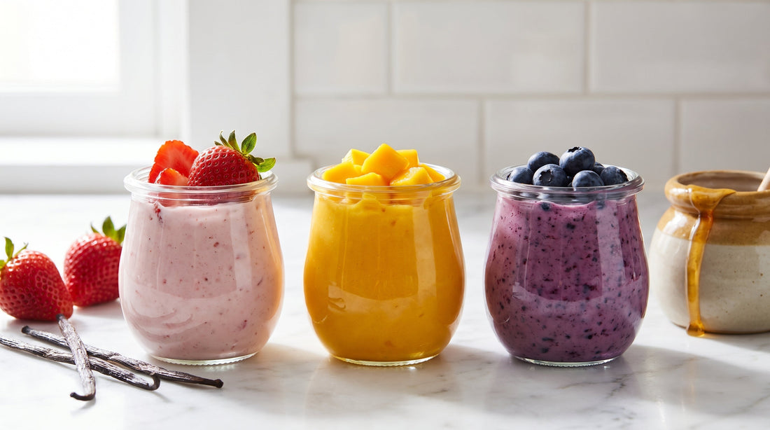 Flavored yogurt varieties vanilla honey coffee chocolate in small bowls