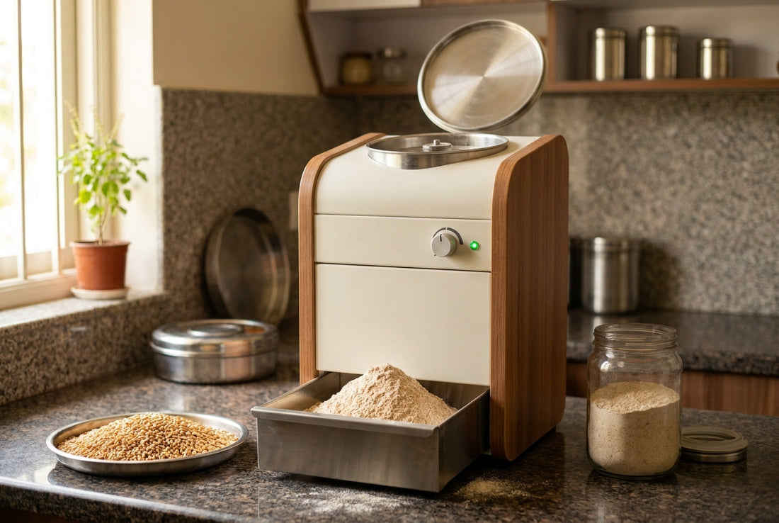 Flour mill machine for home grinding fresh whole wheat atta in an Indian kitchen