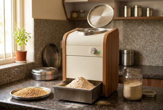 Flour mill machine for home grinding fresh whole wheat atta in an Indian kitchen