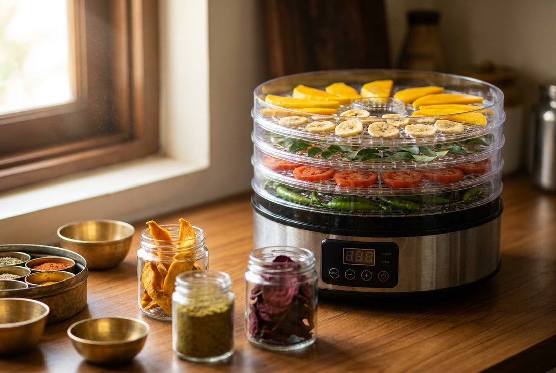 Food dehydrator uses in an Indian kitchen — trays of mango, banana chips, curry leaves and tomato with jars of dried snacks