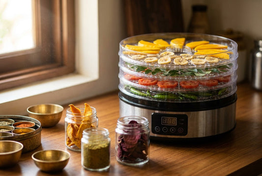 Food dehydrator uses in an Indian kitchen — trays of mango, banana chips, curry leaves and tomato with jars of dried snacks