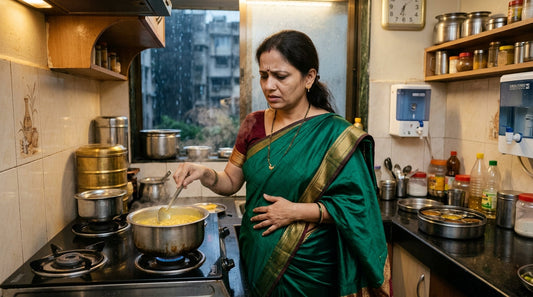 Indian woman worried about food poisoning in monsoon - prevention guide India