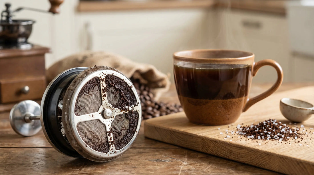 French press mesh filter with coffee grounds and grind size comparison