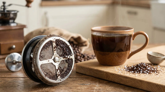 French press mesh filter with coffee grounds and grind size comparison