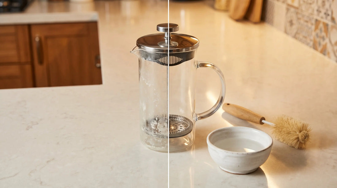 French press with hard water calcium deposits and cleaning supplies