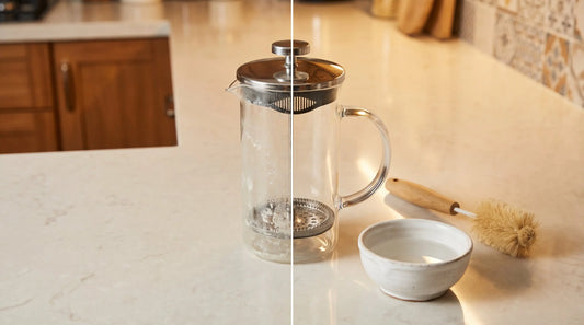 French press with hard water calcium deposits and cleaning supplies