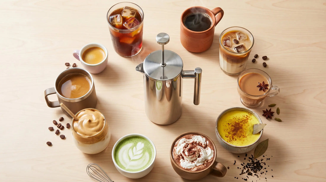 Multiple beverages made in a French press - coffee chai matcha hot chocolate