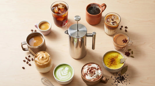 Multiple beverages made in a French press - coffee chai matcha hot chocolate