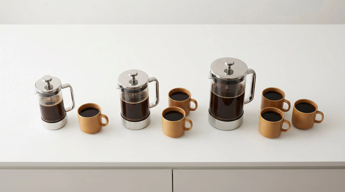 Three French press sizes compared - 350ml 600ml 1000ml with mugs