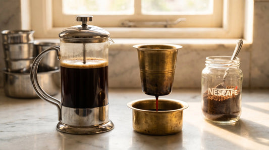 Three coffee brewing methods compared: French press, South Indian filter, and instant coffee