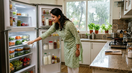 Person cleaning refrigerator shelves in Indian kitchen during monsoon