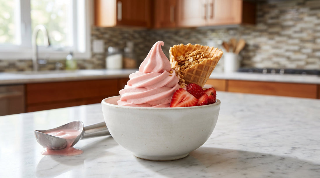 Scoops of creamy homemade frozen yogurt in a bowl with fresh fruit toppings on Indian kitchen counter