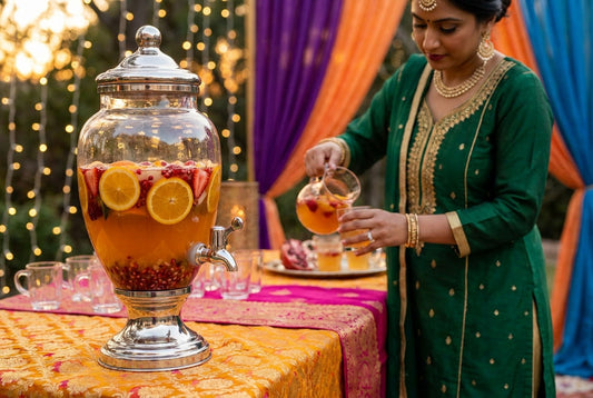 Fruit punch recipe served in a glass beverage dispenser at an Indian party