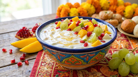 Fruit raita recipe - colorful mixed fruit raita with apple banana pomegranate and grapes