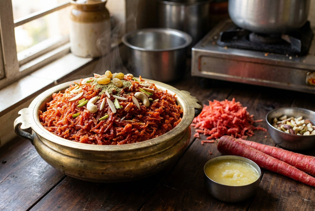 Gajar ka halwa recipe served in a brass pot with grated red carrot strands, ghee, almonds and pistachios on an Indian kitchen counter
