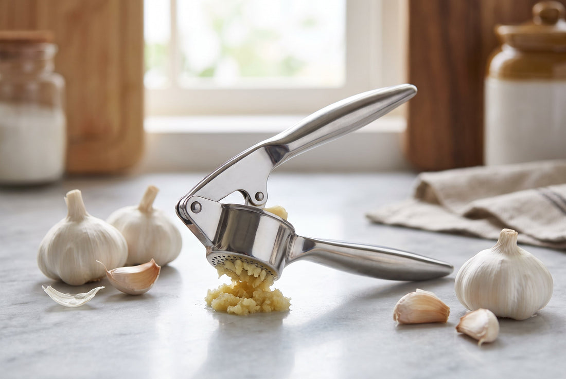 Stainless steel garlic press crushing a clove with fresh garlic bulbs on a kitchen counter