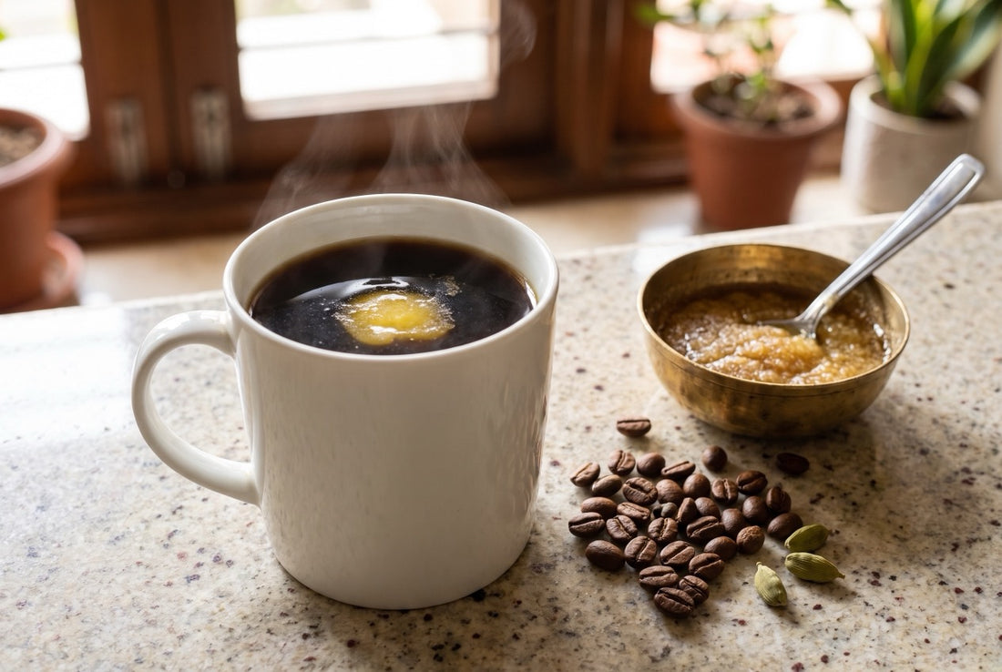 InstaCuppa guide to ghee in coffee: a cup of black coffee with melted desi ghee on top, a brass bowl of ghee, coffee beans and cardamom