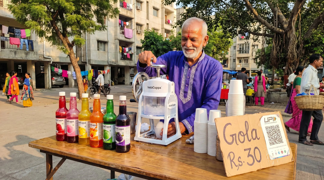 Ice gola stall setup at a Sunday market with InstaCuppa manual ice shaver, colorful syrups, paper cups, and UPI QR code