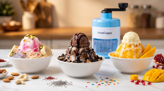 Gola ice cream fusion desserts - three bowls on marble surface with InstaCuppa Ice Shaver