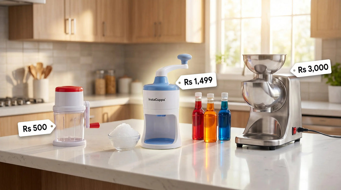 Ice gola machine price comparison: three machines at Rs 500, Rs 1,499, and Rs 3,000 price tiers on Indian kitchen counter