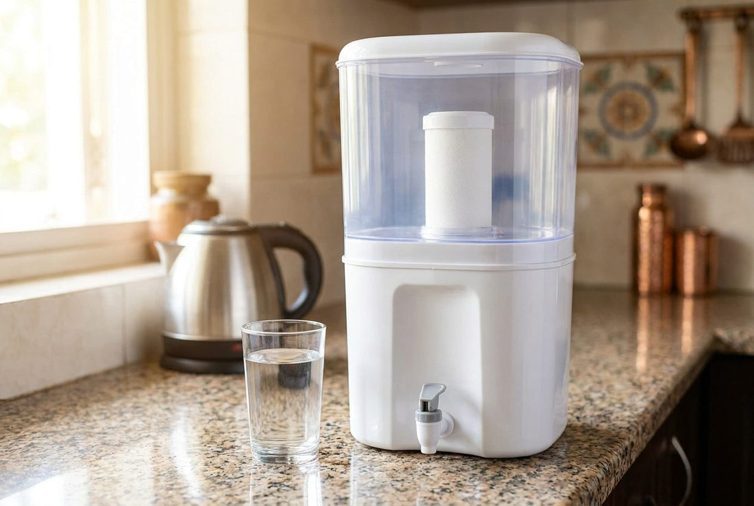White two-chamber gravity water filter with a ceramic candle cartridge on a granite kitchen counter beside a glass of water and a steel kettle in an Indian kitchen