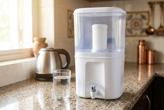 White two-chamber gravity water filter with a ceramic candle cartridge on a granite kitchen counter beside a glass of water and a steel kettle in an Indian kitchen
