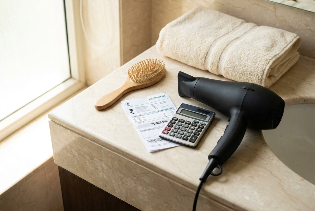 Hair dryer power consumption shown by a black hair dryer, an electricity bill and a calculator on a marble bathroom counter in India