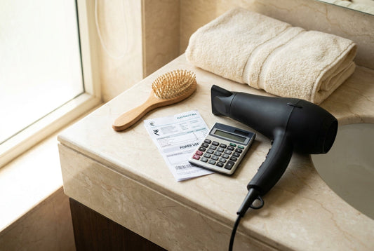 Hair dryer power consumption shown by a black hair dryer, an electricity bill and a calculator on a marble bathroom counter in India