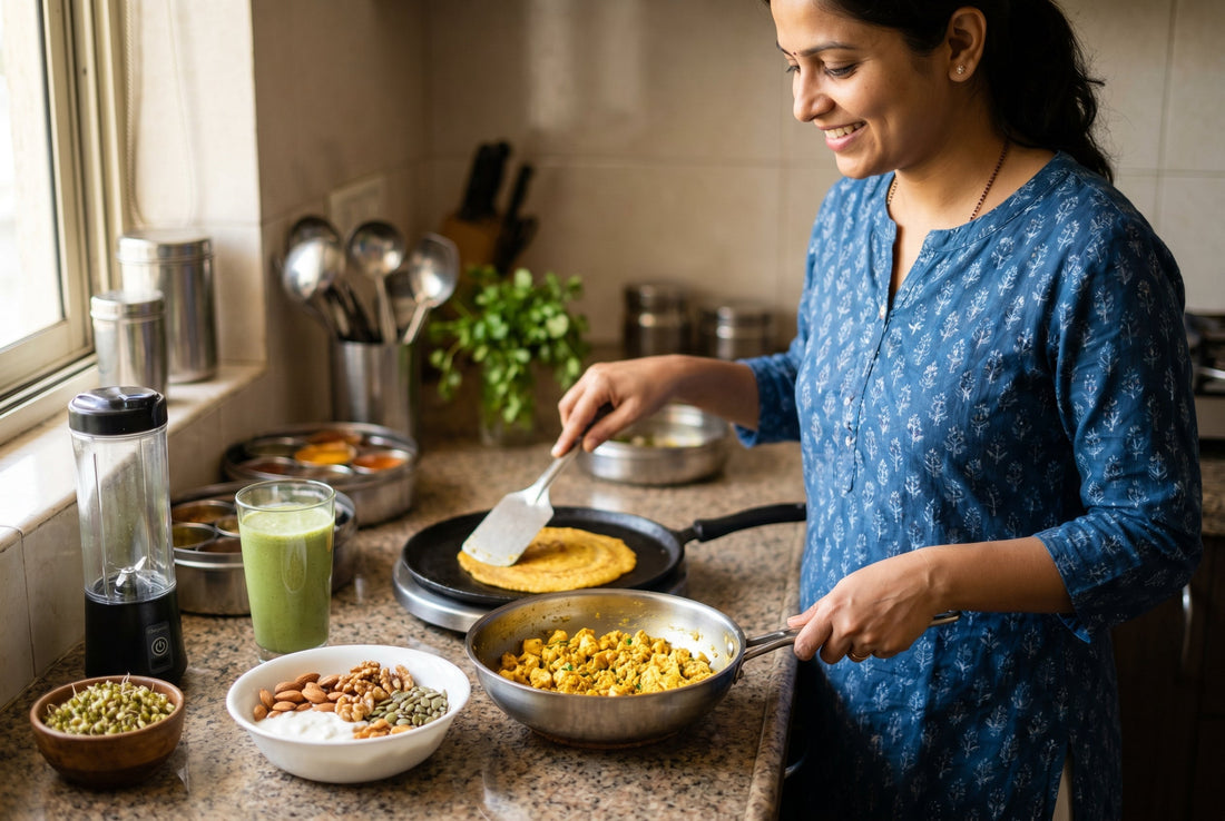 High protein Indian diet foods including paneer dal eggs Greek yogurt and protein shake