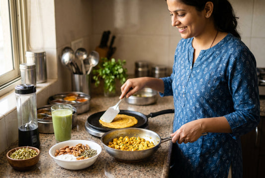 High protein Indian diet foods including paneer dal eggs Greek yogurt and protein shake