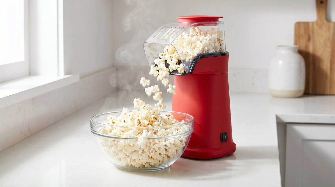 Hot air popcorn maker with fresh popcorn flowing into bowl