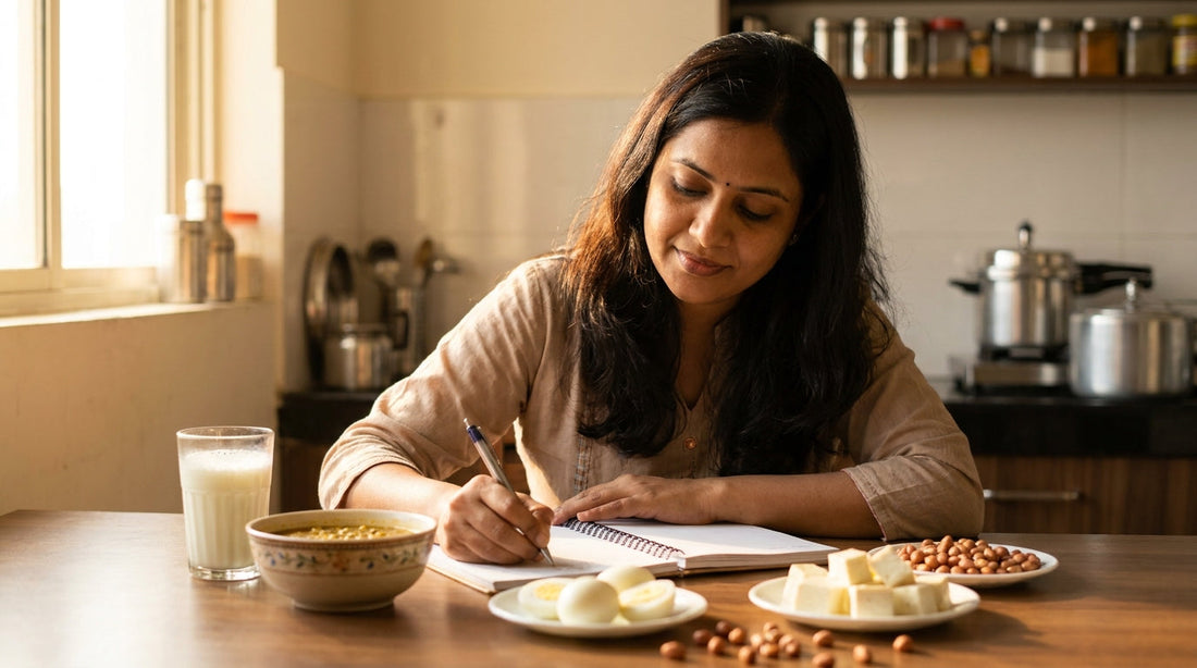 Indian woman calculating daily protein needs with healthy foods on table