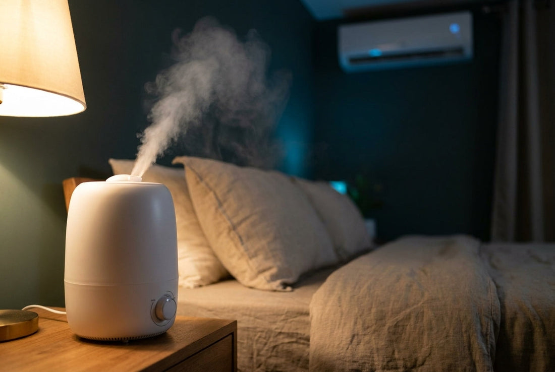 Humidifier releasing cool mist beside a bed in an Indian AC bedroom at night to avoid dryness