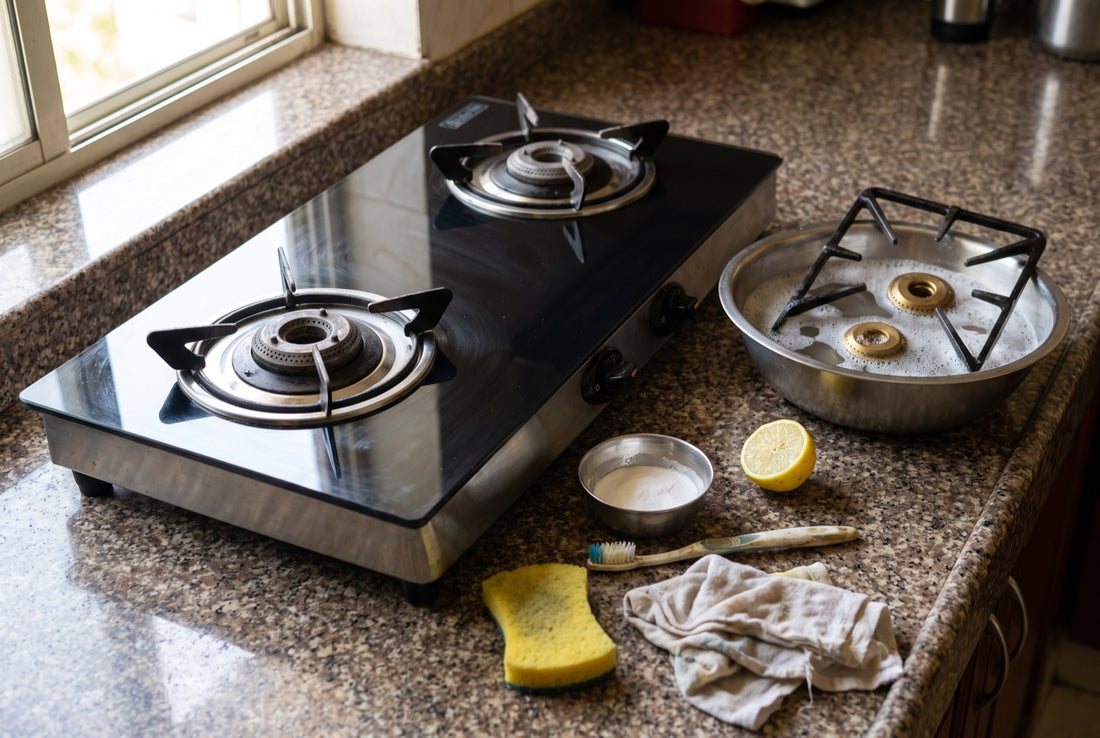 InstaCuppa guide: how to clean a gas stove, with burner caps and grate soaking in soapy water, baking soda paste, lemon, toothbrush and sponge