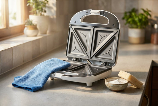 Cleaning a sandwich maker non-stick plates with a microfibre cloth and baking soda
