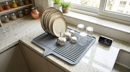 Overhead shot of dishes drying quickly on ribbed silicone mat with drain spout in bright Indian kitchen