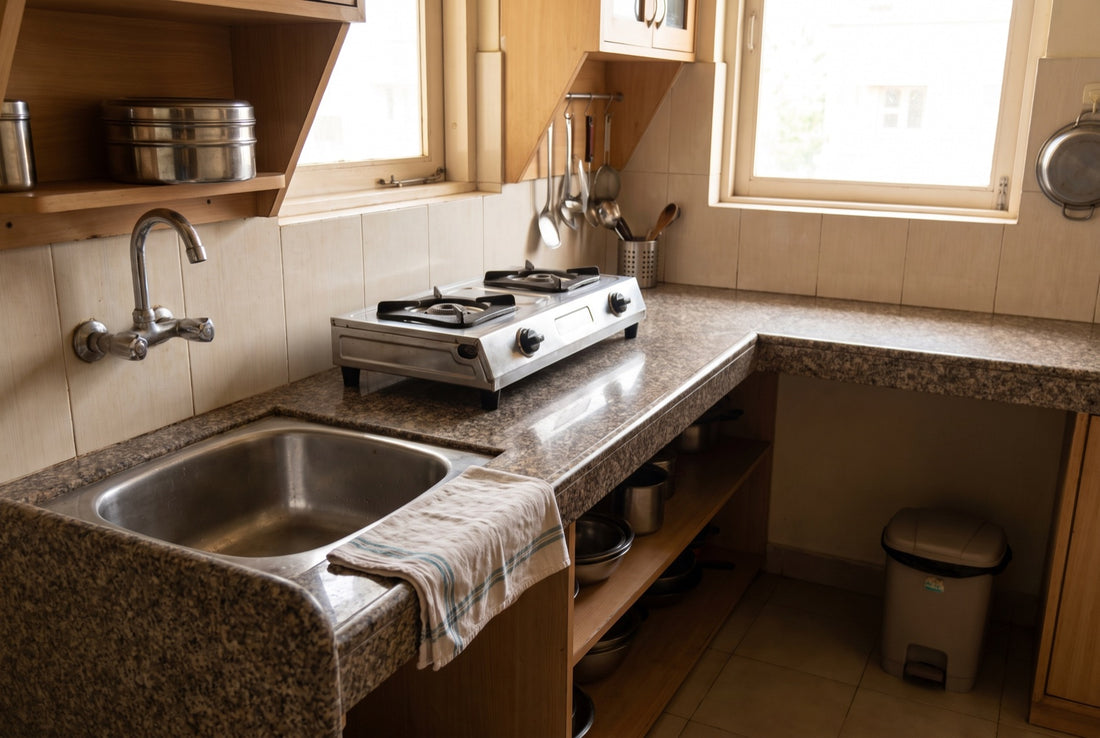 InstaCuppa guide on how to keep kitchen clean daily: a tidy Indian kitchen with an empty steel sink, a wiped gas stove, a drying cloth and a covered dustbin