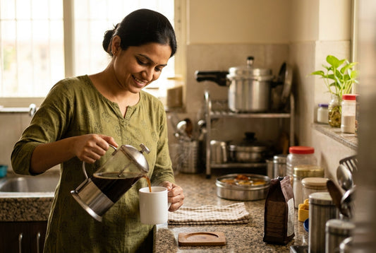 InstaCuppa - how to make black coffee at home: French press, moka pot, pour over gooseneck kettle and South Indian filter coffee brewing side by side
