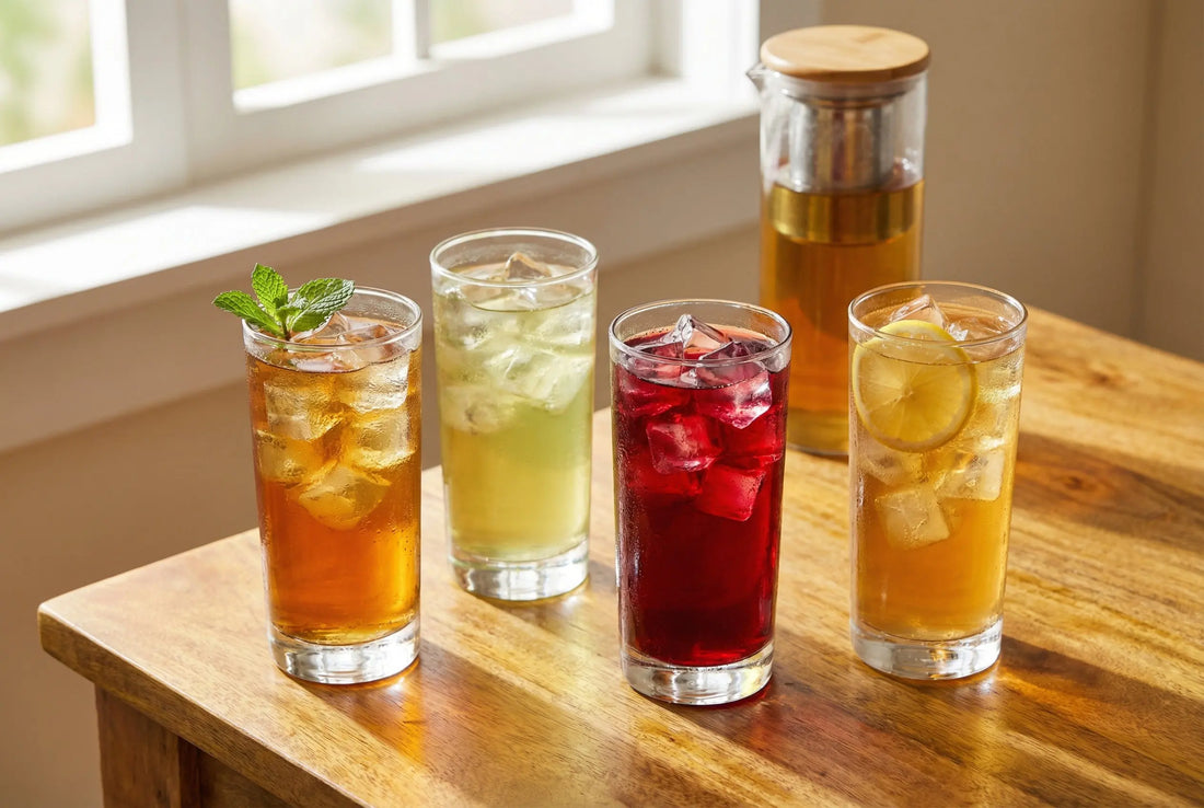 Four glasses of iced tea on a wooden table with a glass tea infuser bottle
