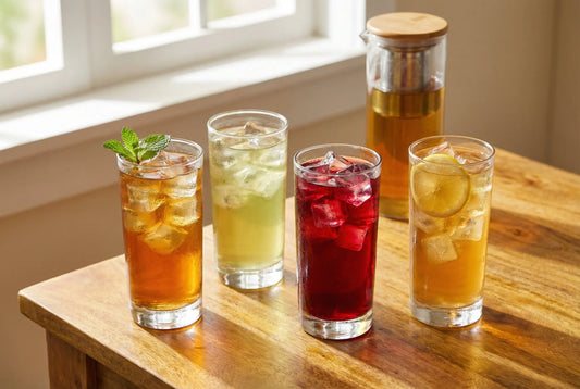Four glasses of iced tea on a wooden table with a glass tea infuser bottle
