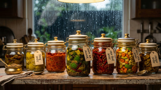 Airtight glass jars storing Indian pickles safely during monsoon season
