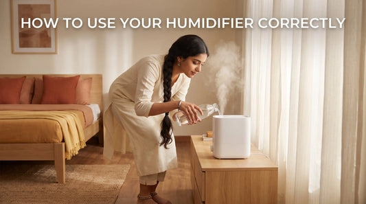 Ultrasonic humidifier setup guide showing proper placement in an Indian home living room