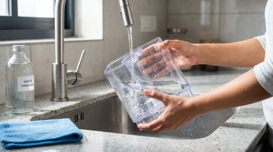 Humidifier being cleaned with vinegar and soft cloth on a kitchen counter