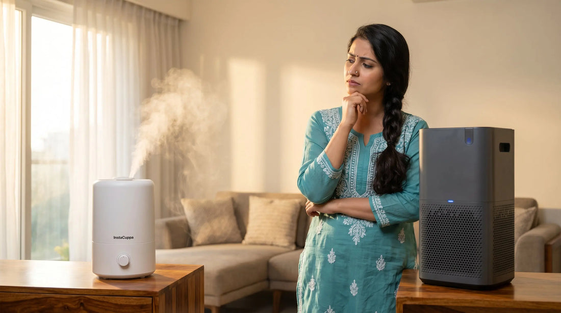 Humidifier and air purifier side by side in an Indian living room with woman deciding which one to buy
